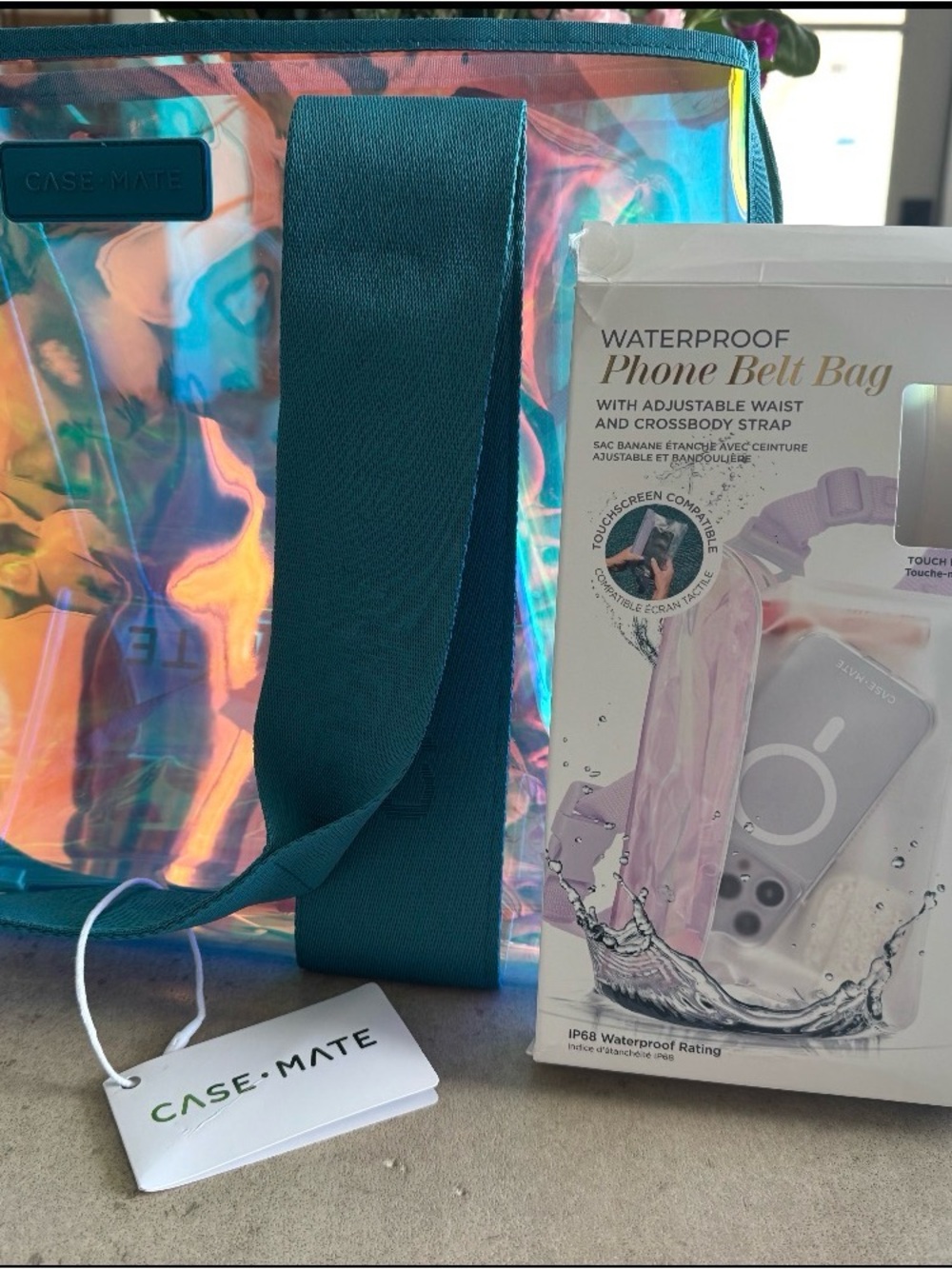 case-mate Iridescent Holographic Phone Crossbody with Teal Strap and Tote